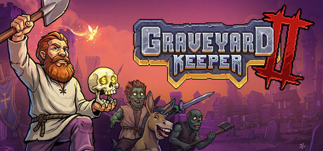 Graveyard Keeper 2 horizontal key art showing the gravedigger, Larry the skull, and zombies in front of the title