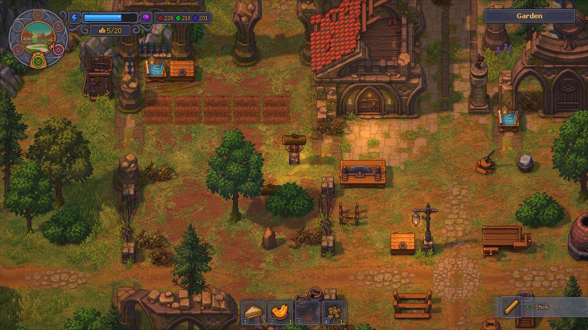 Graveyard Keeper 2 Tech Tree panel showing the Building branch with Woodworking I, Chopping, Simple Weapons, Simple Barricades, Stone Polishing, Tool Rack, Pottery I and Brick Making nodes