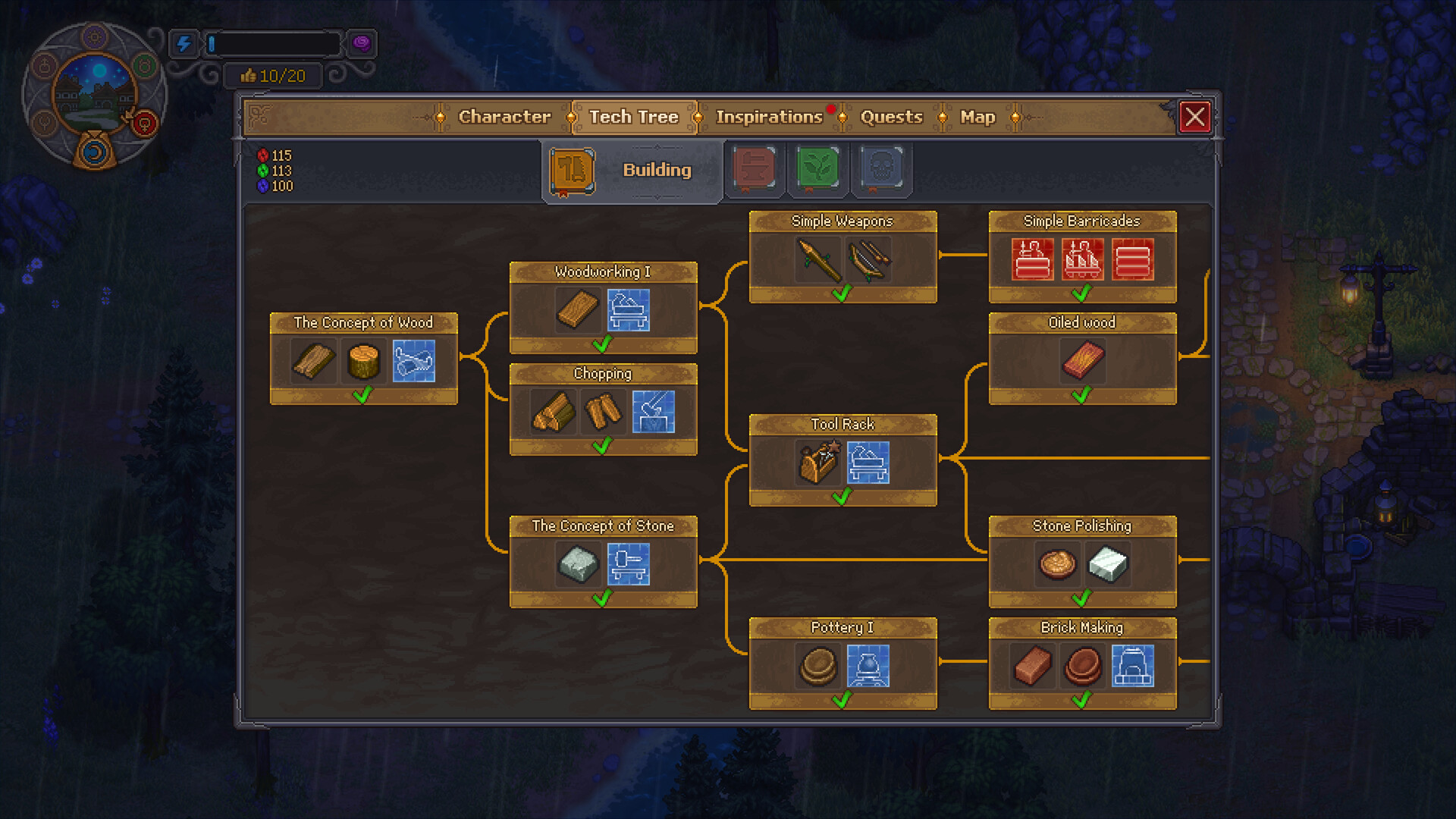 Top-down view of Graveyard Keeper 2 town rooftops with a combat encounter on the upper lane and an inventory strip at the bottom