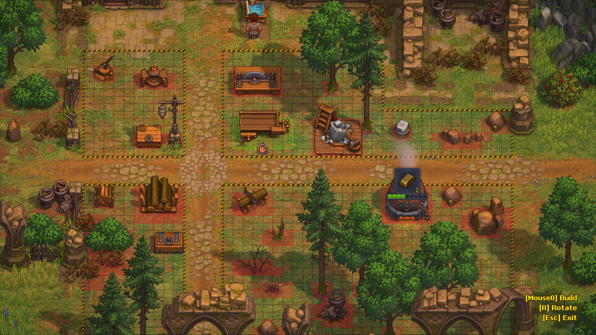Graveyard Keeper 2 Factory Build Mode with a stonecutter bench, sawhorse, mining area, and a Furnace smelting a gold ingot