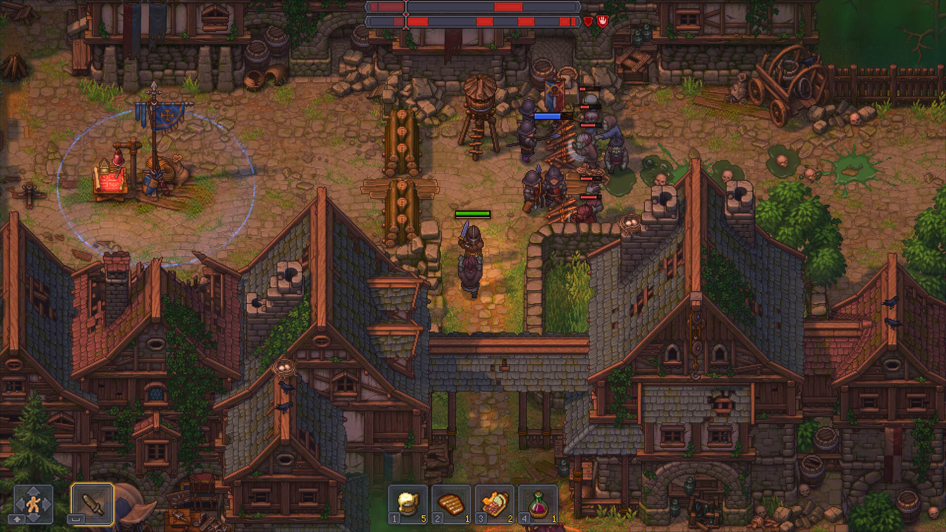 Graveyard Keeper 2 Garden and Cemetery area with the player character carrying a log, the church spire and graveyard path in view
